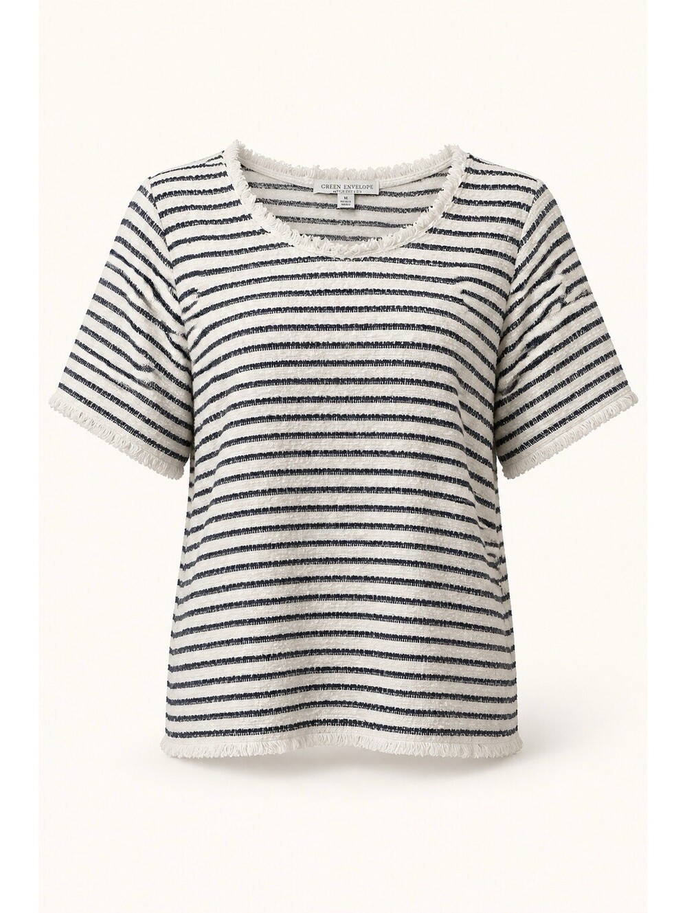 Green Envelope Women's Navy And White Striped Raw Hem Top Sz M Casual Nautical